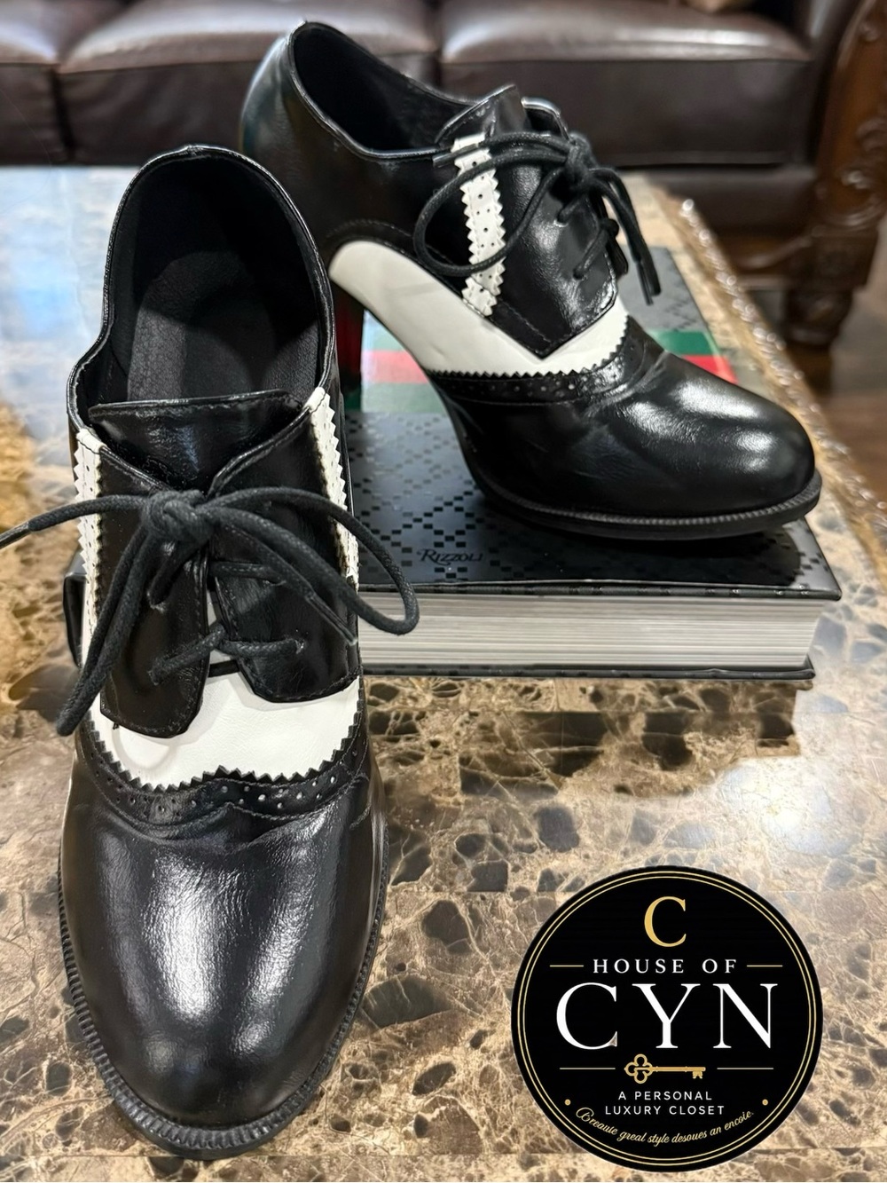 Vintage-Inspired Black & White Spectator Oxford Heels, Size 8, Retro 1940s Style